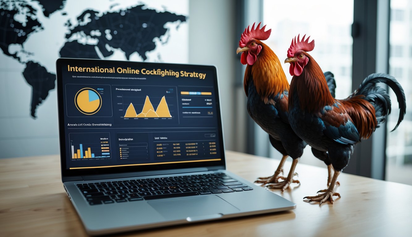 Meja kerja dengan laptop yang menampilkan analisa ayam aduan dan dua ayam jago siap bertarung di sampingnya.