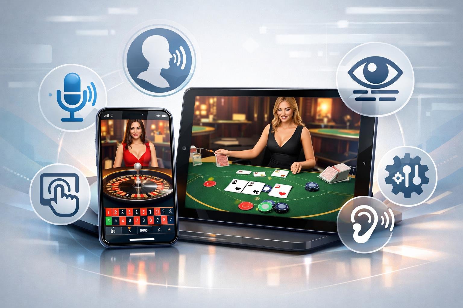 A Smartphone And Tablet Showing Live Casino Games With Icons Representing Accessibility Features Around Them.