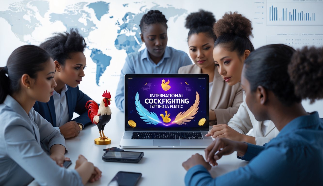 Orang-orang menggunakan laptop dan perangkat digital di ruang kerja modern dengan hiasan bulu ayam dan peta dunia di latar belakang.