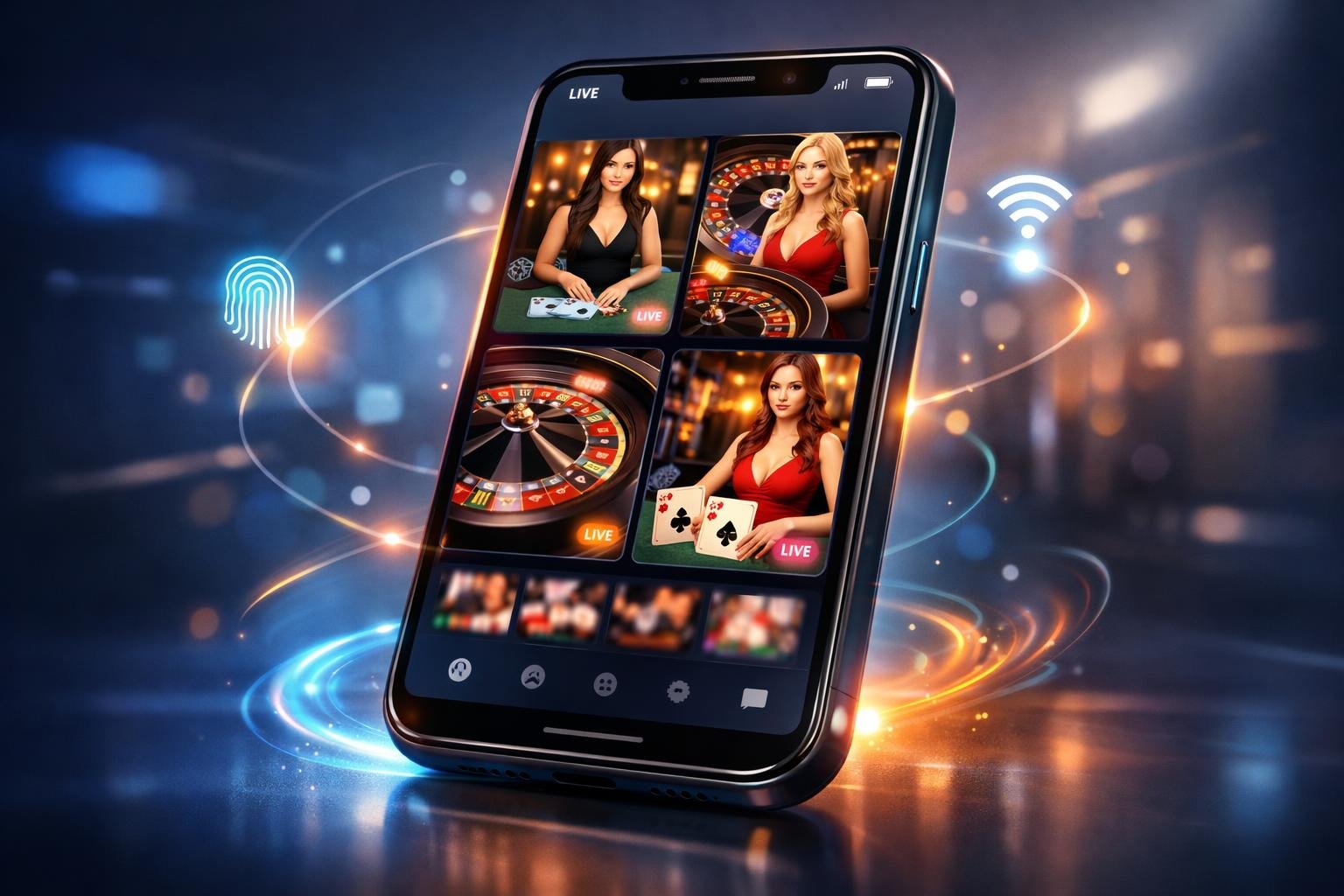 A Mobile Device Showing A Selection Of Live Casino Games Like Blackjack, Roulette, And Baccarat On Its Screen.