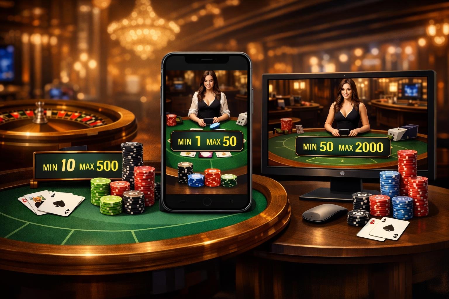 Illustration Showing Different Casino Tables Representing Physical And Digital Platforms With Varying Stacks Of Chips Indicating Different Betting Limits.