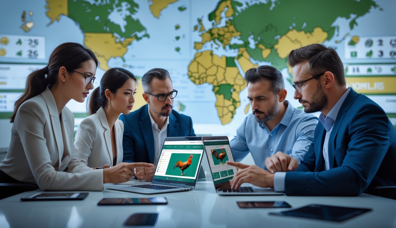 Sekelompok orang sedang menggunakan laptop dan ponsel di ruang kerja modern, fokus pada aktivitas taruhan sabung ayam online internasional.