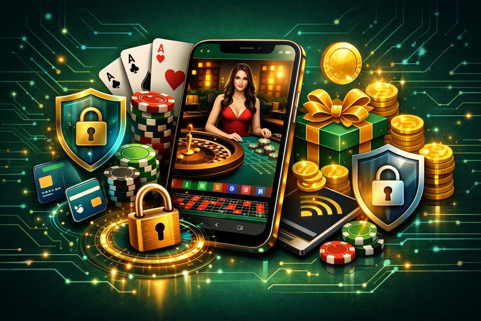 A Smartphone Showing A Live Casino Game With Poker Chips, Playing Cards, And A Roulette Wheel, Surrounded By Icons Representing Secure Payments And Bonuses.