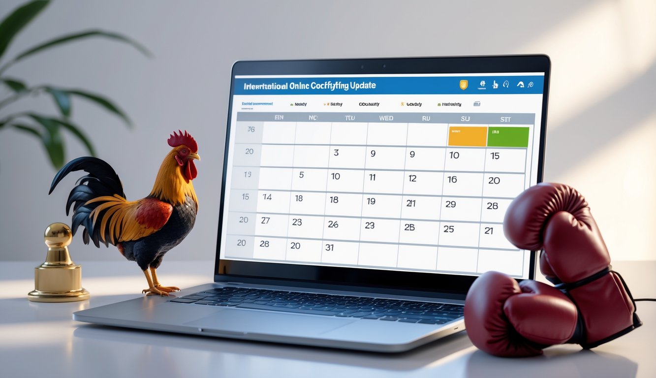 Meja kerja dengan laptop menampilkan jadwal digital dan patung ayam jago kecil di sampingnya.