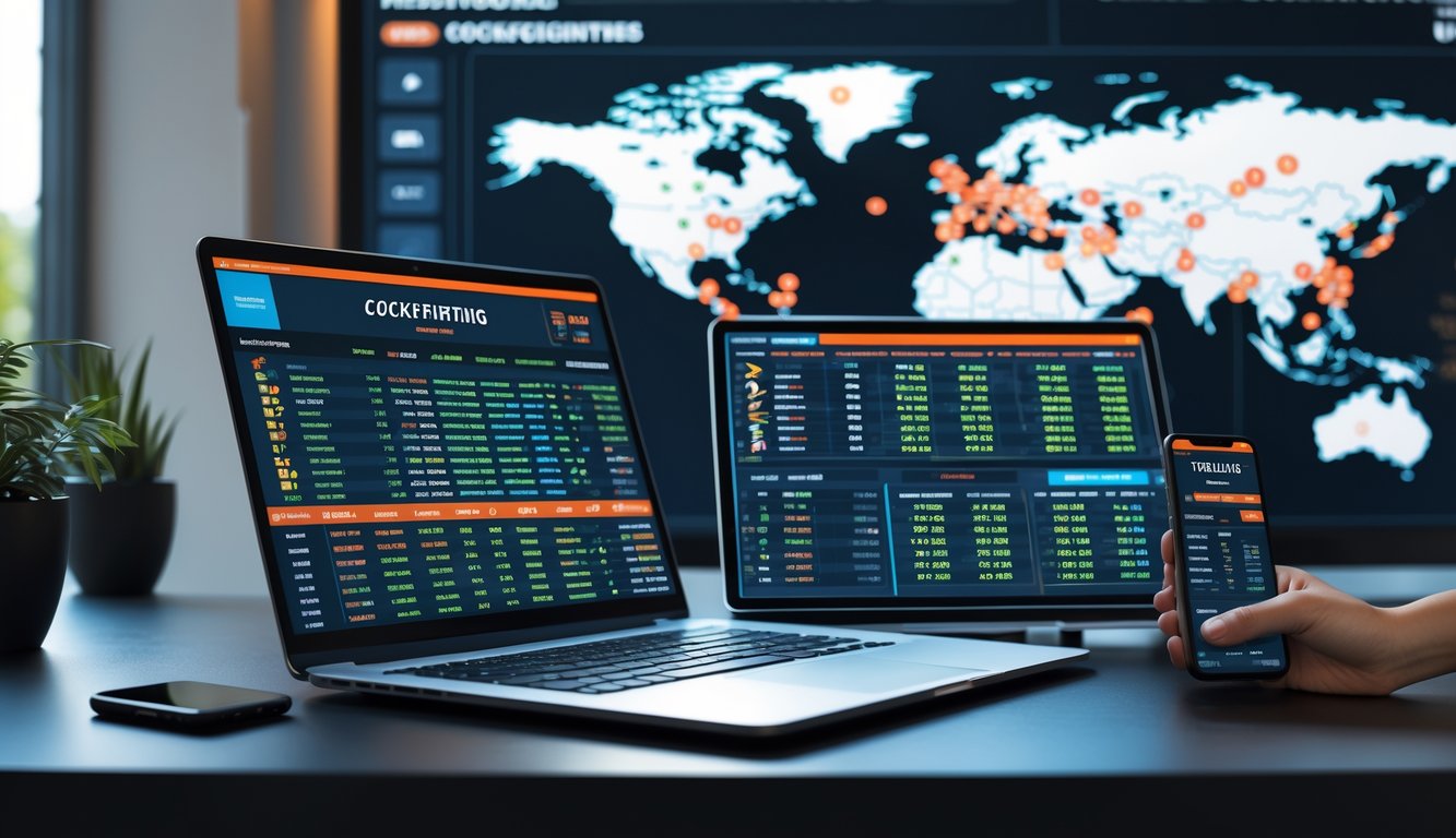 Meja kerja modern dengan perangkat digital menampilkan jadwal dan peluang sabung ayam online internasional.