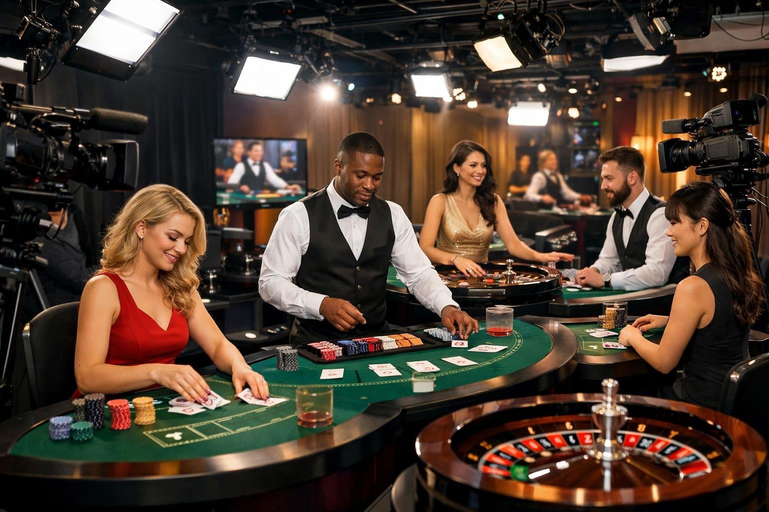 A Group Of Live Casino Dealers Working At Gaming Tables With Cameras And Studio Lights Behind Them.