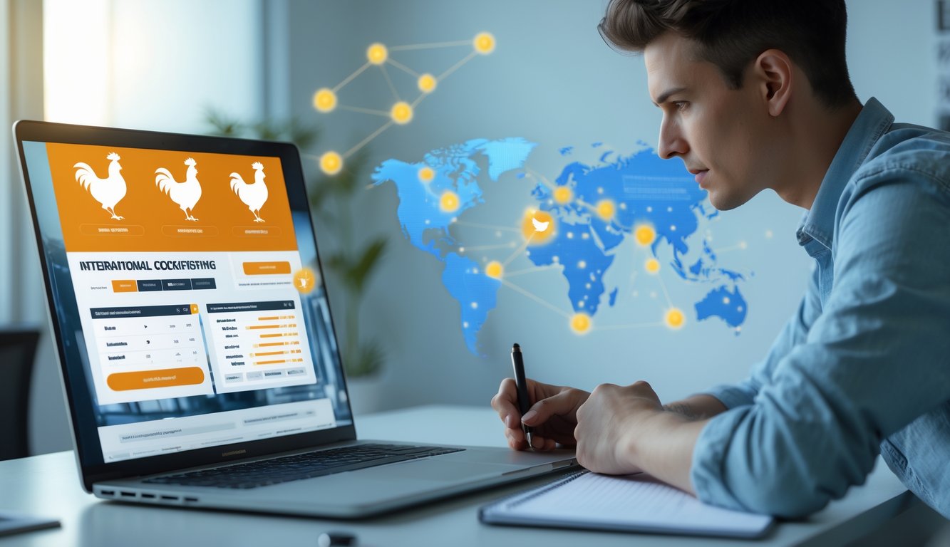 Seseorang muda sedang menggunakan laptop di meja kerja dengan tampilan situs sabung ayam online dan peta dunia di latar belakang.