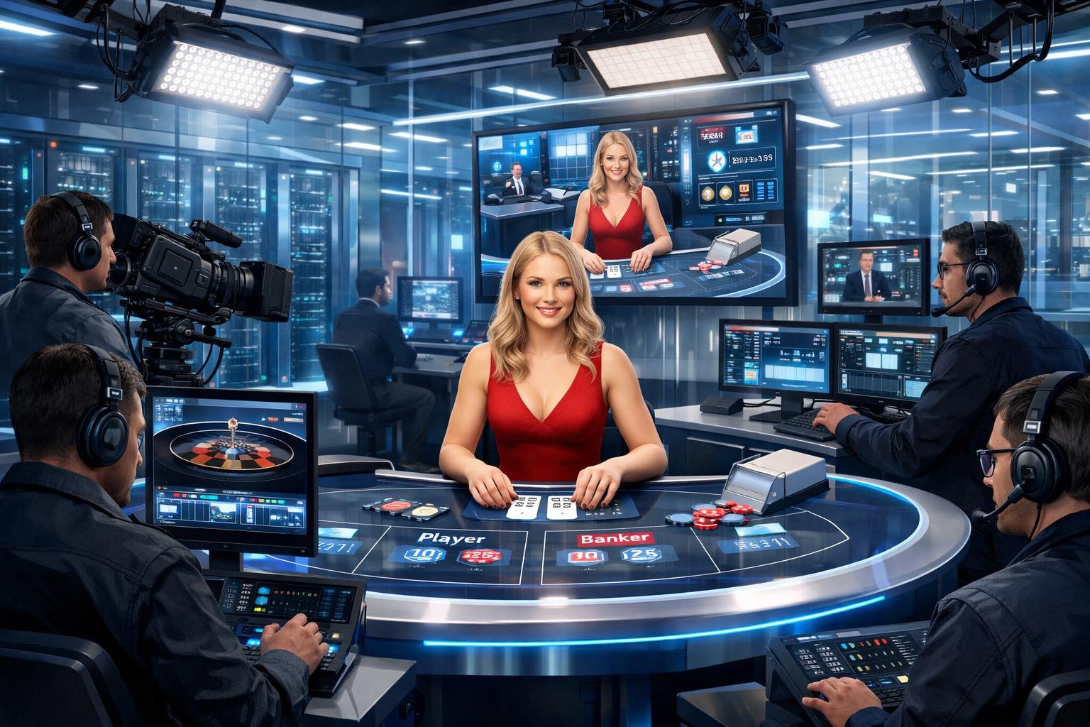 A Live Casino Studio Showing A Dealer At A Futuristic Table With Cameras And Technicians Managing Technology In The Background.