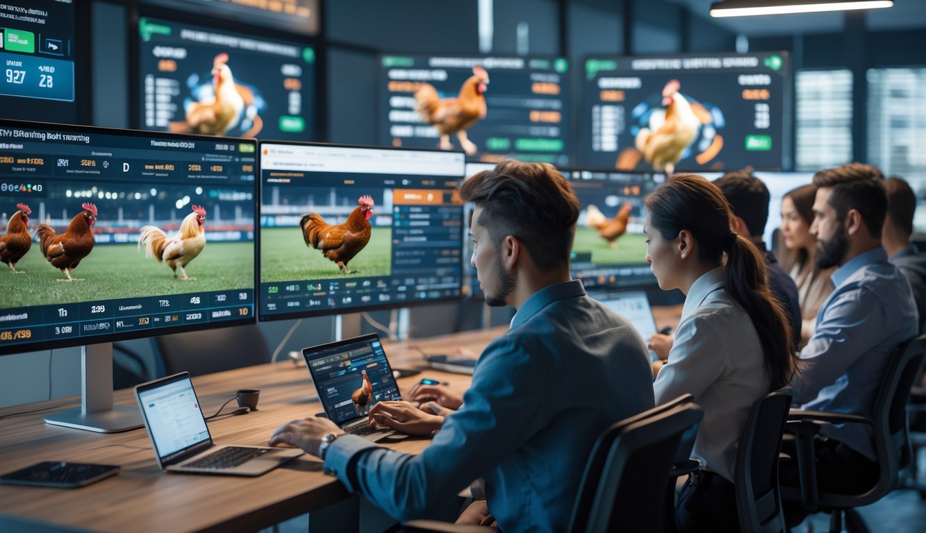 Orang-orang dari berbagai negara sedang menggunakan komputer dan perangkat digital untuk memasang taruhan dan melihat pertandingan sabung ayam secara online.