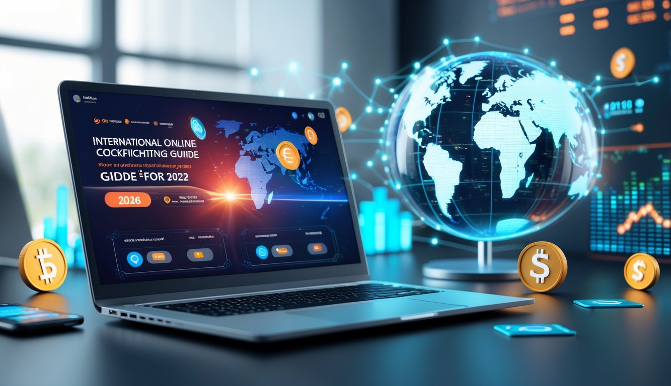 Sebuah meja kerja modern dengan laptop yang menampilkan antarmuka terkait taruhan sabung ayam online internasional, dikelilingi oleh simbol konektivitas global dan elemen teknologi.