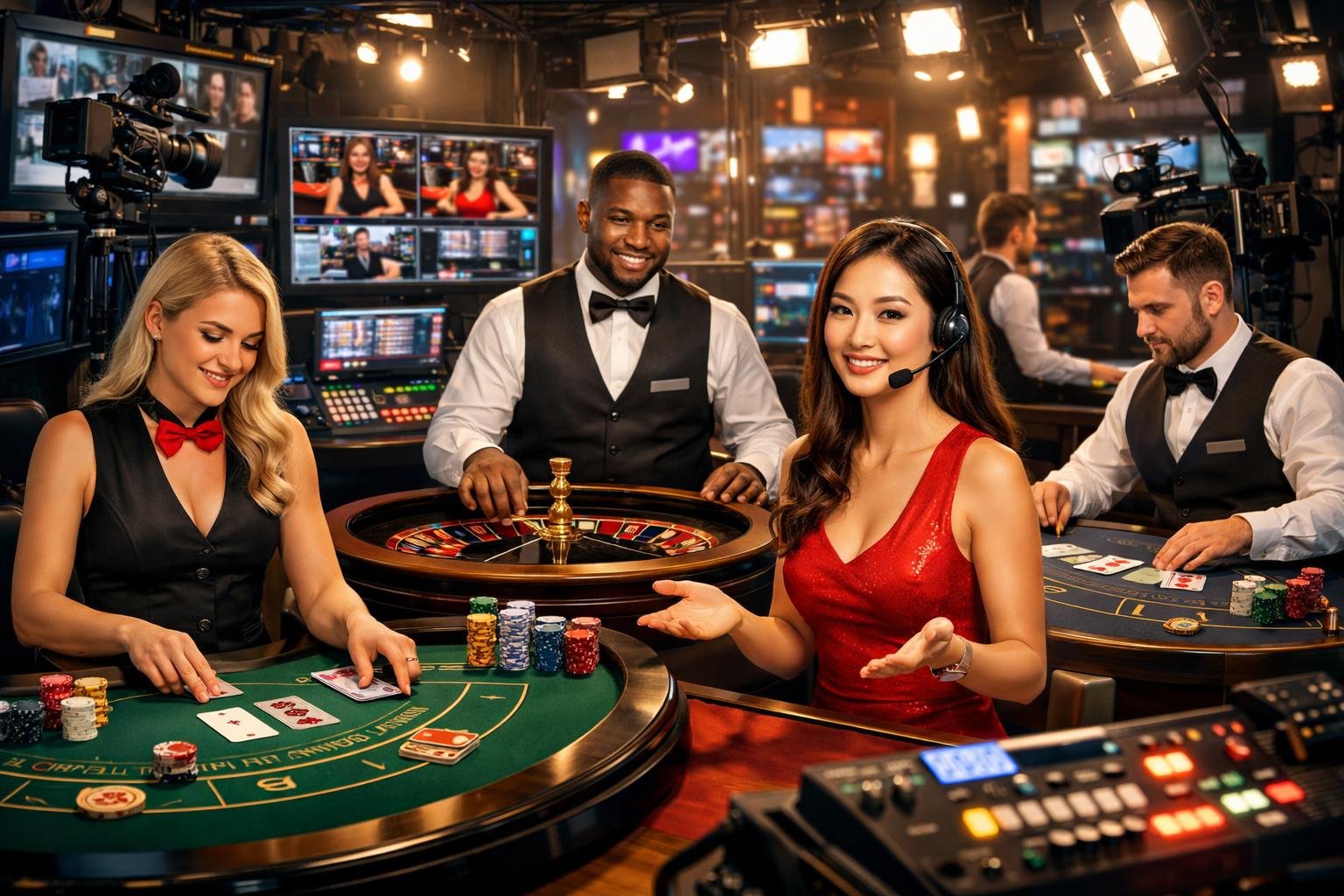 A Group Of Live Casino Dealers Working At Gaming Tables With Casino Equipment And Streaming Technology In The Background.