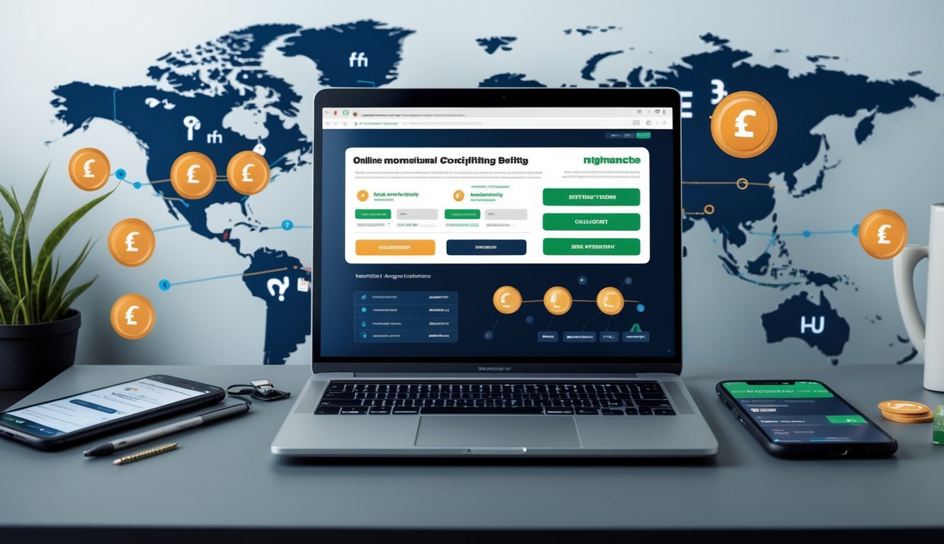 Meja kerja modern dengan laptop yang menampilkan situs taruhan sabung ayam online internasional yang aman, peta dunia, dan smartphone di sampingnya.