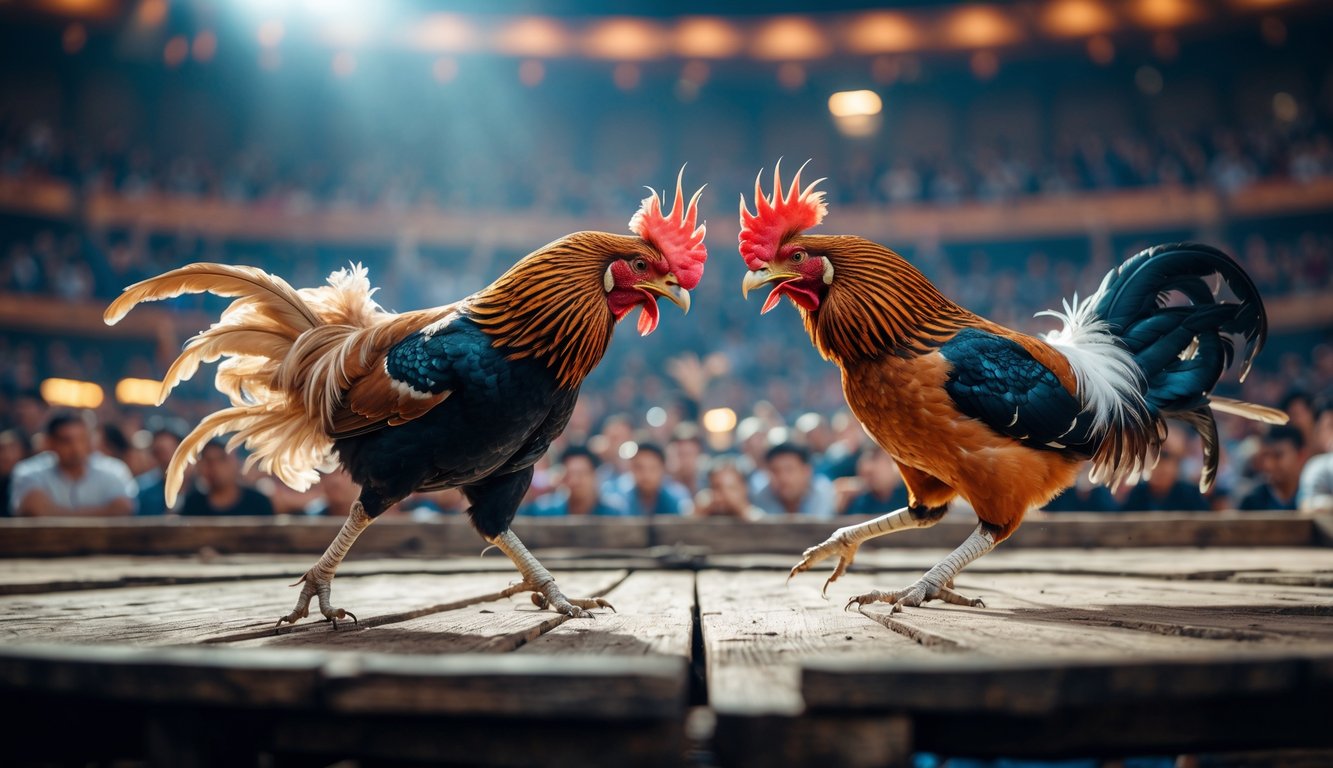 Dua ayam aduan sedang bertarung di arena dengan penonton di latar belakang dan perangkat elektronik menampilkan siaran langsung pertandingan.