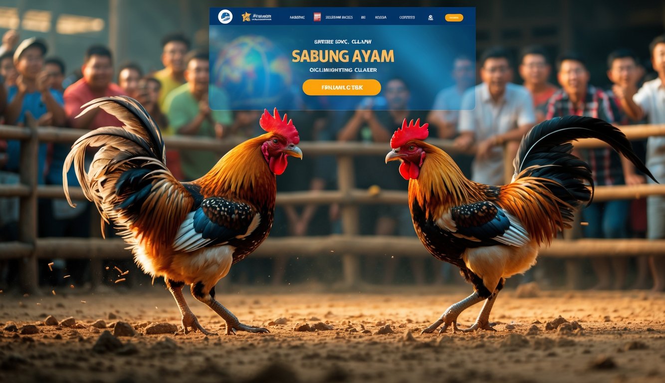 Dua ayam aduan sedang bertarung di arena sabung ayam dengan penonton di sekitarnya.