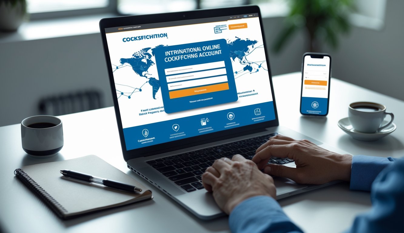 Orang sedang menggunakan laptop dan ponsel untuk mendaftar akun online dengan latar belakang peta dunia dan ikon digital.