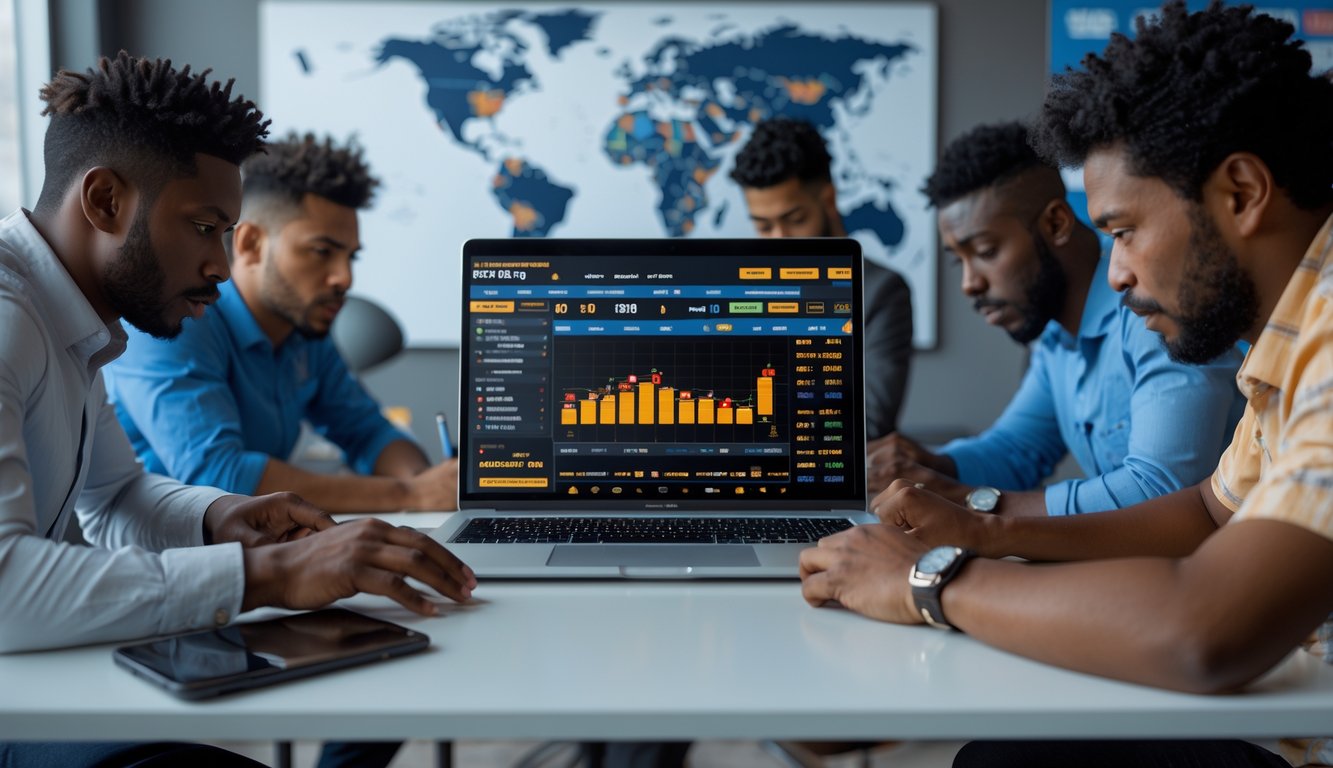 Orang-orang sedang menggunakan laptop di kantor modern untuk menganalisis strategi dan prediksi taruhan sabung ayam online internasional.