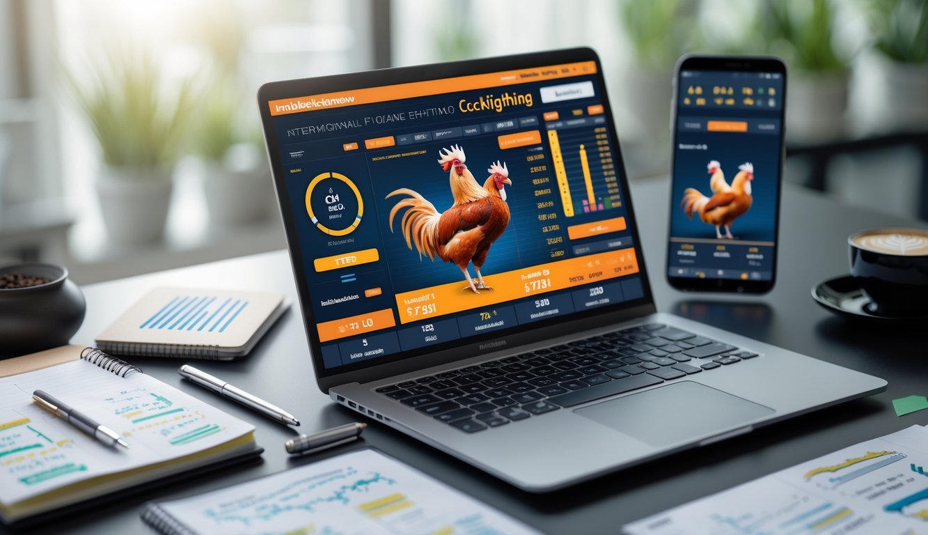 Seorang pria menggunakan laptop di meja kerja dengan layar menampilkan platform taruhan sabung ayam online, dikelilingi oleh buku catatan, ponsel, dan secangkir kopi.