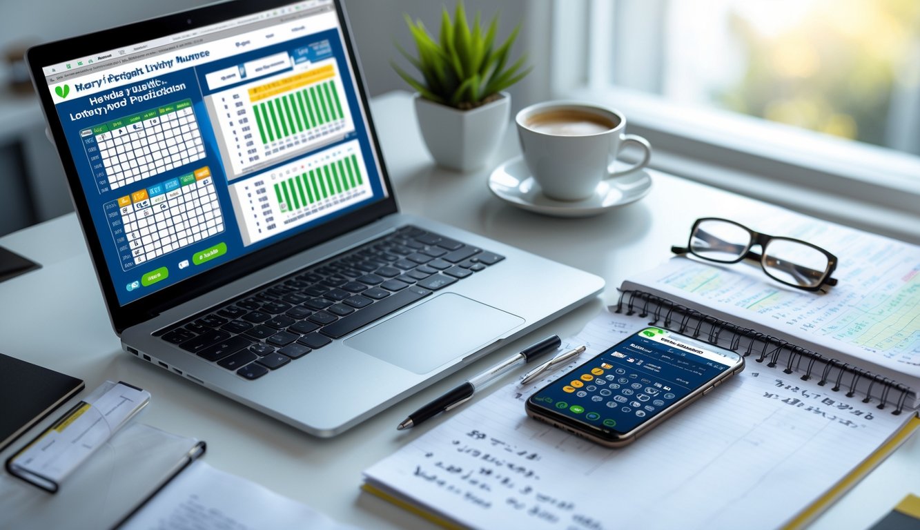 Meja kerja dengan laptop, ponsel, dan catatan yang menunjukkan aktivitas prediksi angka togel.