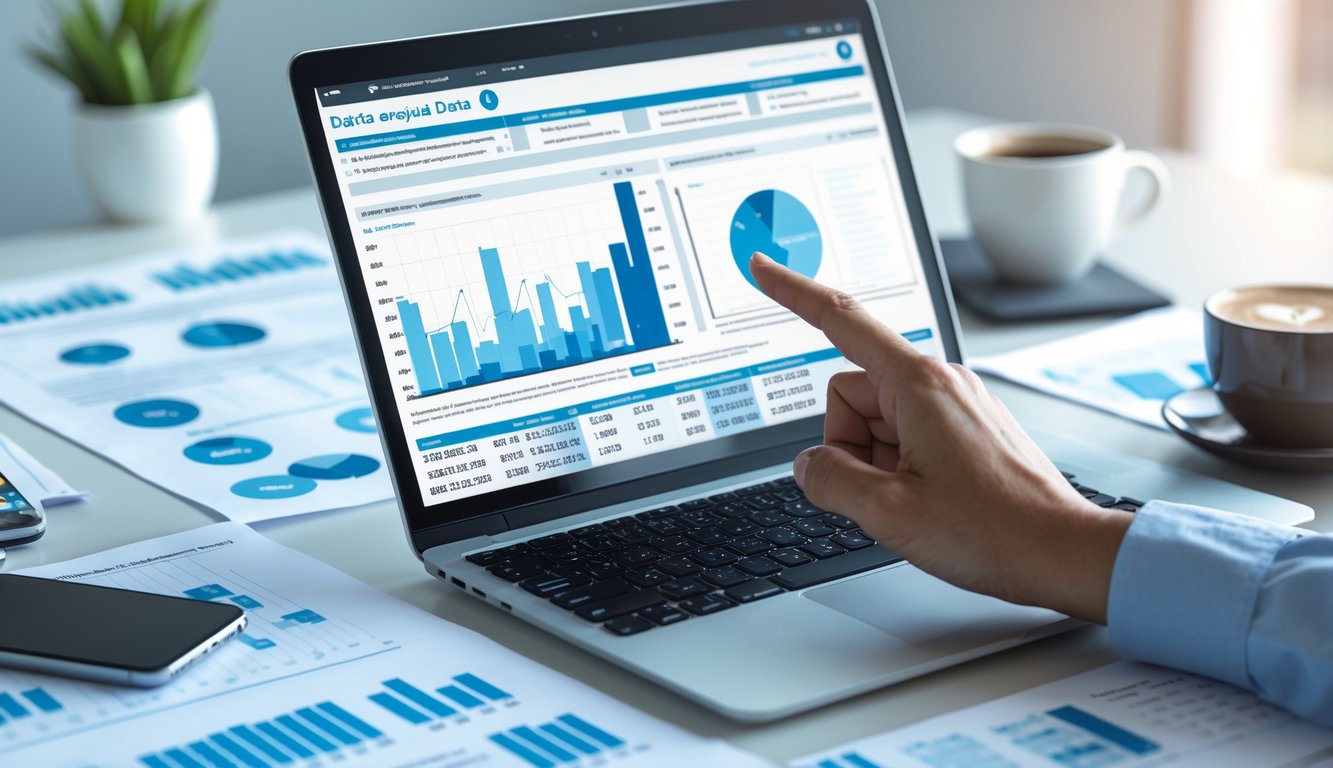 Meja kerja dengan laptop yang menampilkan grafik dan angka, tangan menunjuk layar, serta beberapa kertas dan ponsel di sekitarnya.