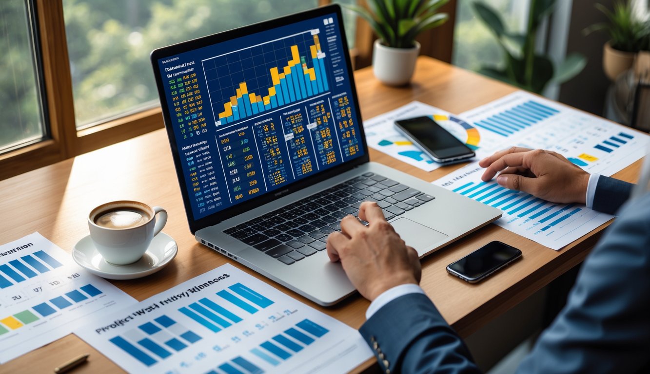 Meja kerja dengan laptop menampilkan data angka dan grafik, kertas berisi angka tersebar, cangkir kopi, dan ponsel di sampingnya.