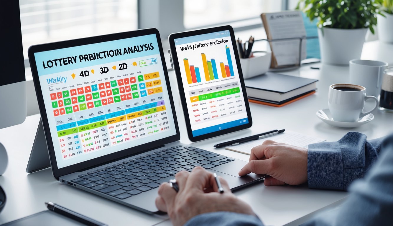 Meja kerja modern dengan perangkat digital yang menampilkan grafik dan data angka untuk prediksi togel mingguan, dengan tangan seseorang yang sedang menganalisis data.