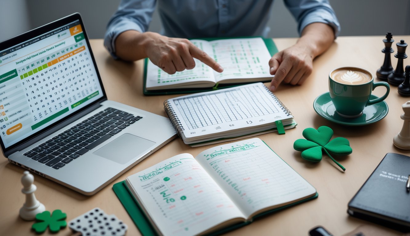 Seseorang sedang menganalisis strategi prediksi togel di meja kerja dengan laptop, buku catatan, dan cangkir kopi.