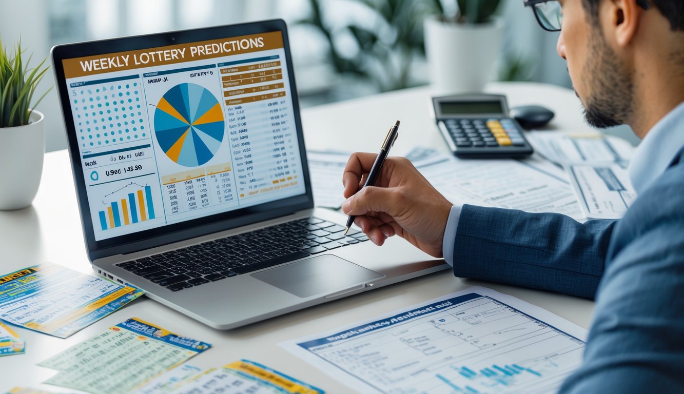 Seorang pria sedang menganalisis data lotere di meja kerja dengan laptop, kertas catatan, tiket lotere, dan kalkulator.