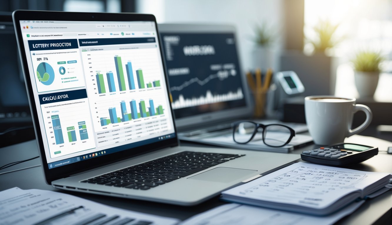 Meja kerja modern dengan laptop, buku catatan, kalkulator, dan secangkir kopi yang menunjukkan suasana analisis data angka togel.