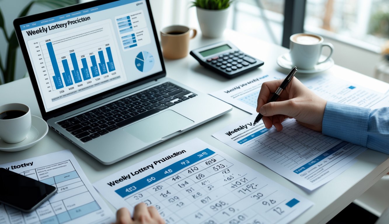 Meja kerja dengan laptop, kalkulator, dan catatan angka, seseorang sedang menulis di kertas, suasana terang dan teratur.