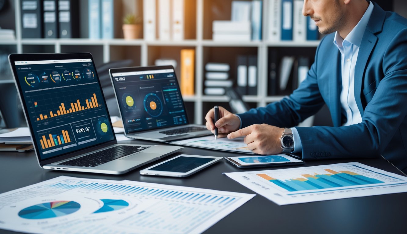 Seorang profesional sedang menganalisis data dan angka di meja kerja dengan laptop, tablet, dan kertas berisi grafik dan angka dalam ruang kantor yang terang.