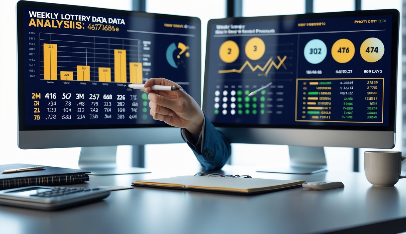Seorang pria sedang menganalisis data togel mingguan di meja kerja dengan dua monitor yang menampilkan grafik dan angka.
