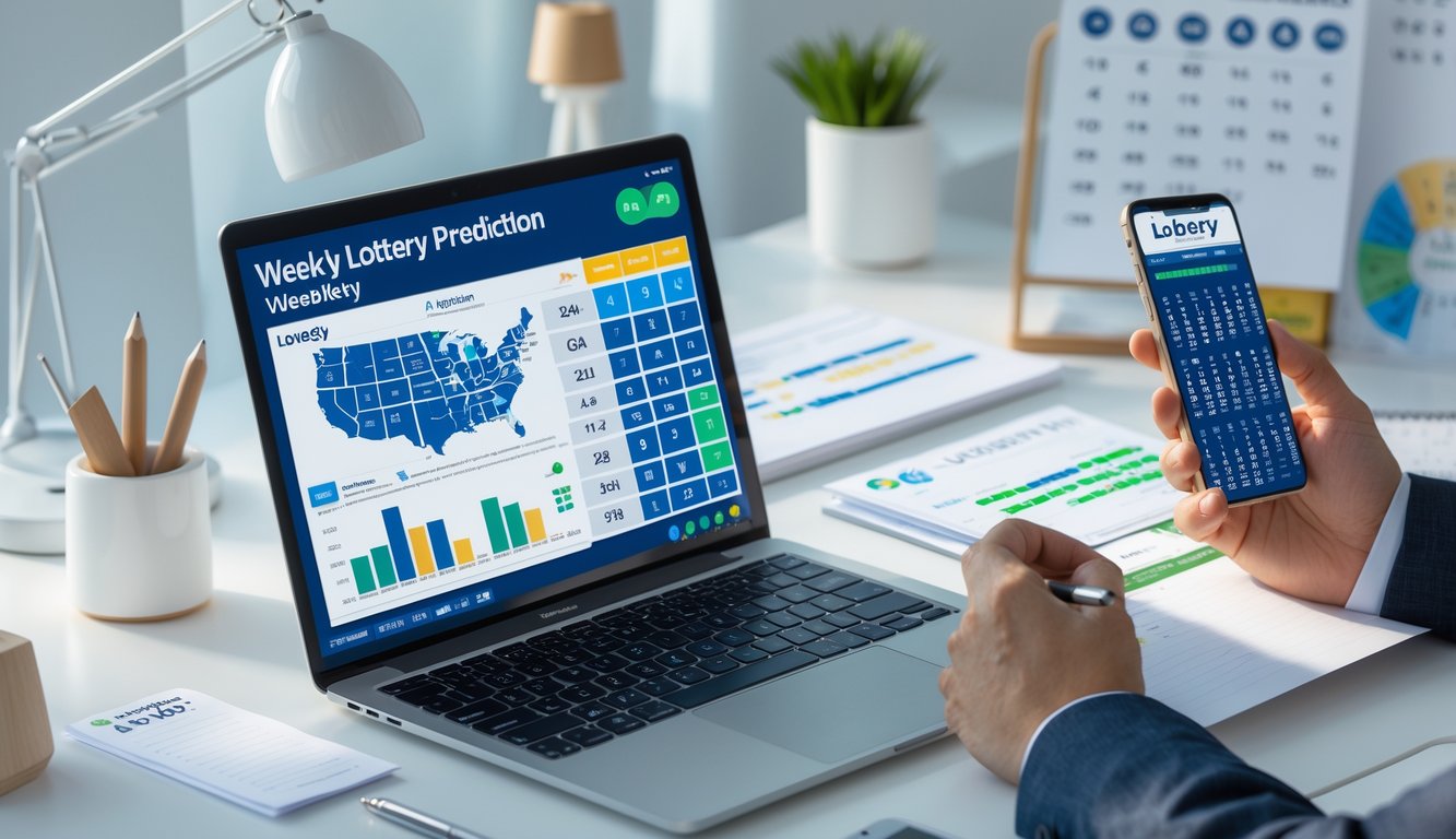 Sebuah ruang kerja modern dengan laptop, catatan, dan smartphone yang menampilkan data dan hasil togel, menggambarkan aktivitas prediksi togel mingguan.