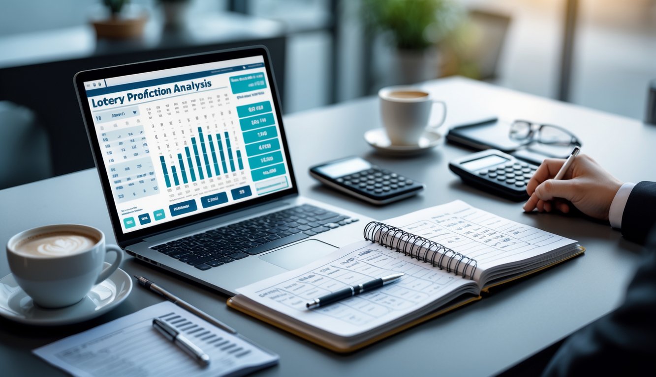 Meja kerja dengan laptop, buku catatan, kalkulator, dan alat tulis yang menggambarkan suasana analisis prediksi angka togel mingguan.