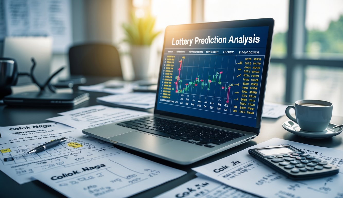 Meja kerja dengan laptop yang menampilkan data dan grafik prediksi togel mingguan, kertas berisi catatan dan rumus, kalkulator, pena, dan secangkir kopi di ruangan kantor yang terang.
