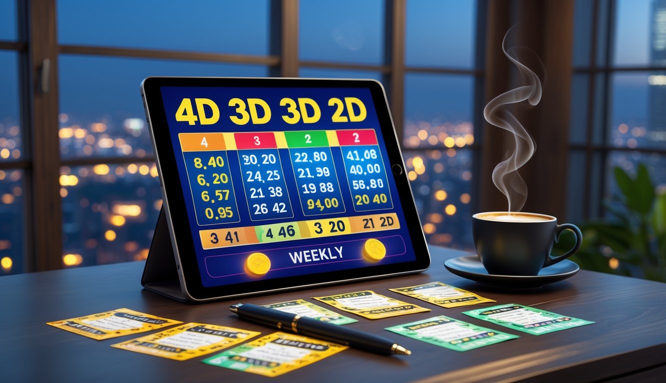 Meja kerja dengan tablet menampilkan grafik angka lotre, tiket lotre, pena, dan secangkir kopi dengan latar belakang pemandangan kota malam hari.