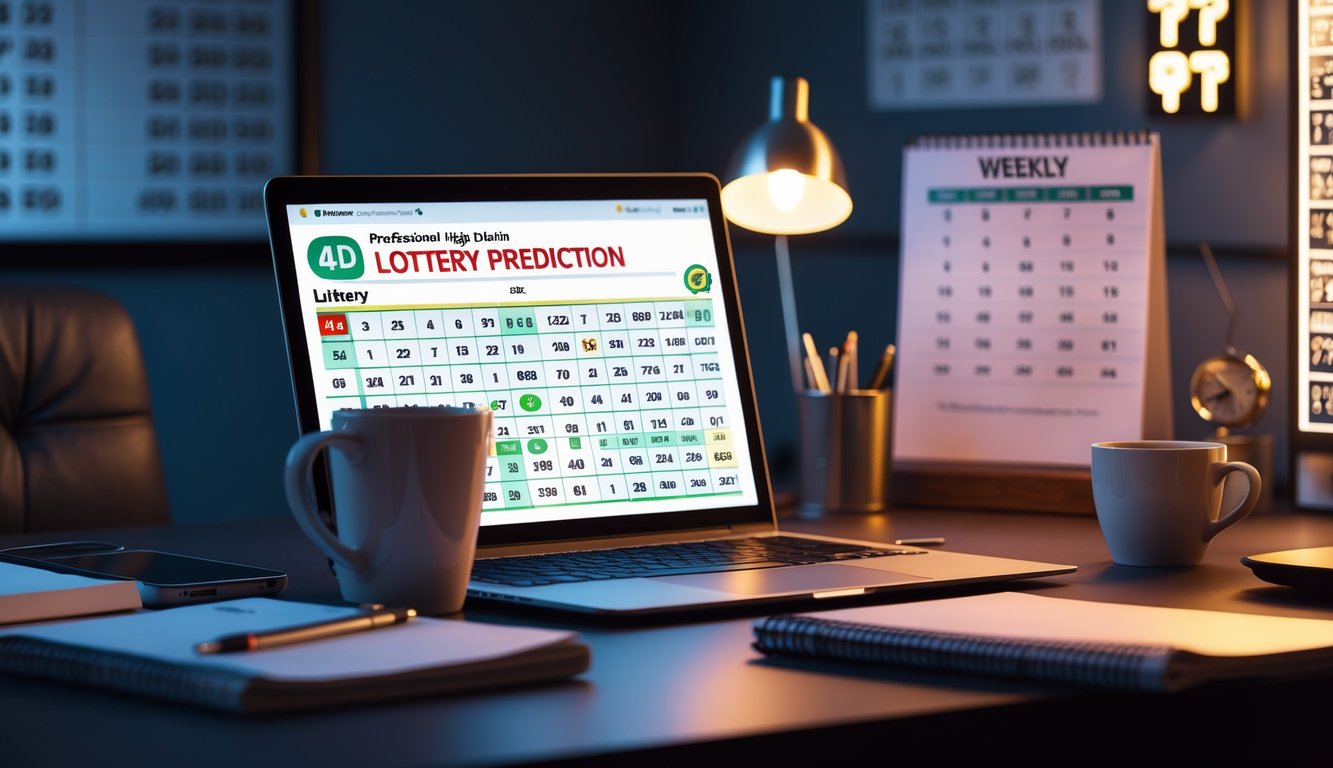 Meja kerja modern dengan laptop, buku catatan, dan kopi yang menunjukkan suasana fokus untuk prediksi togel mingguan.