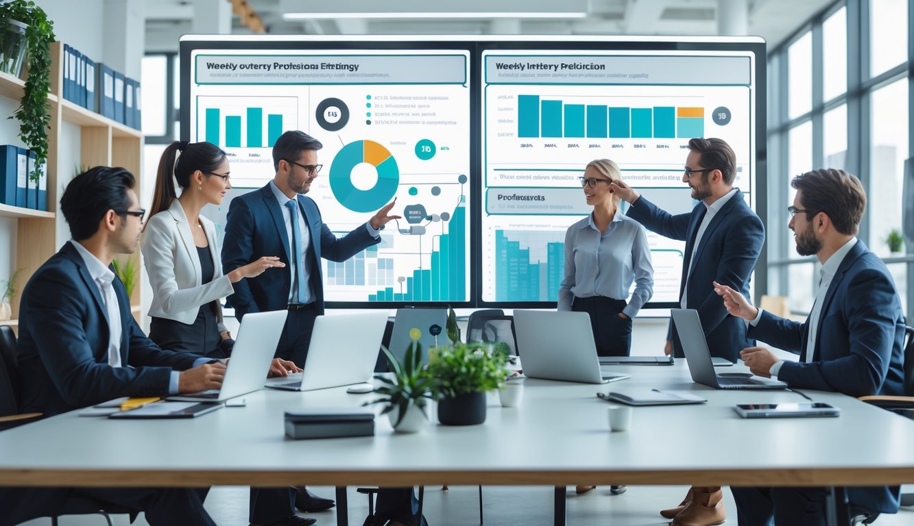 Sekelompok profesional sedang berdiskusi di ruang kantor modern dengan layar digital yang menampilkan grafik dan data angka.