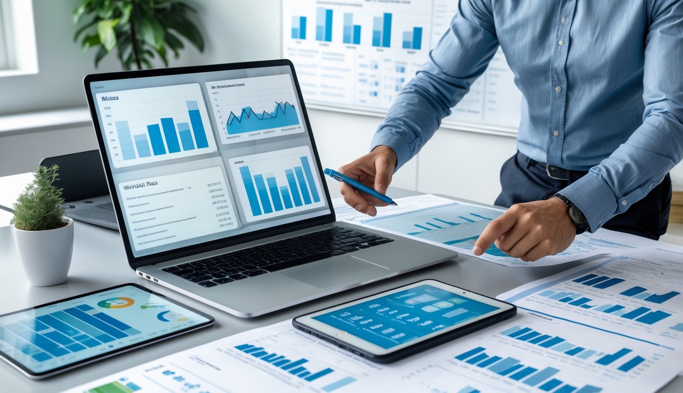 Seorang profesional sedang menganalisis data historis di meja kerja dengan beberapa perangkat digital dan dokumen data.