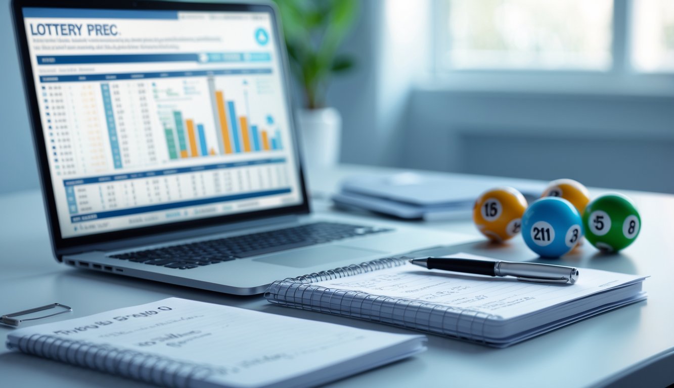 Meja kerja dengan laptop, catatan, dan bola togel yang tersusun rapi di sebuah kantor dengan pencahayaan alami.