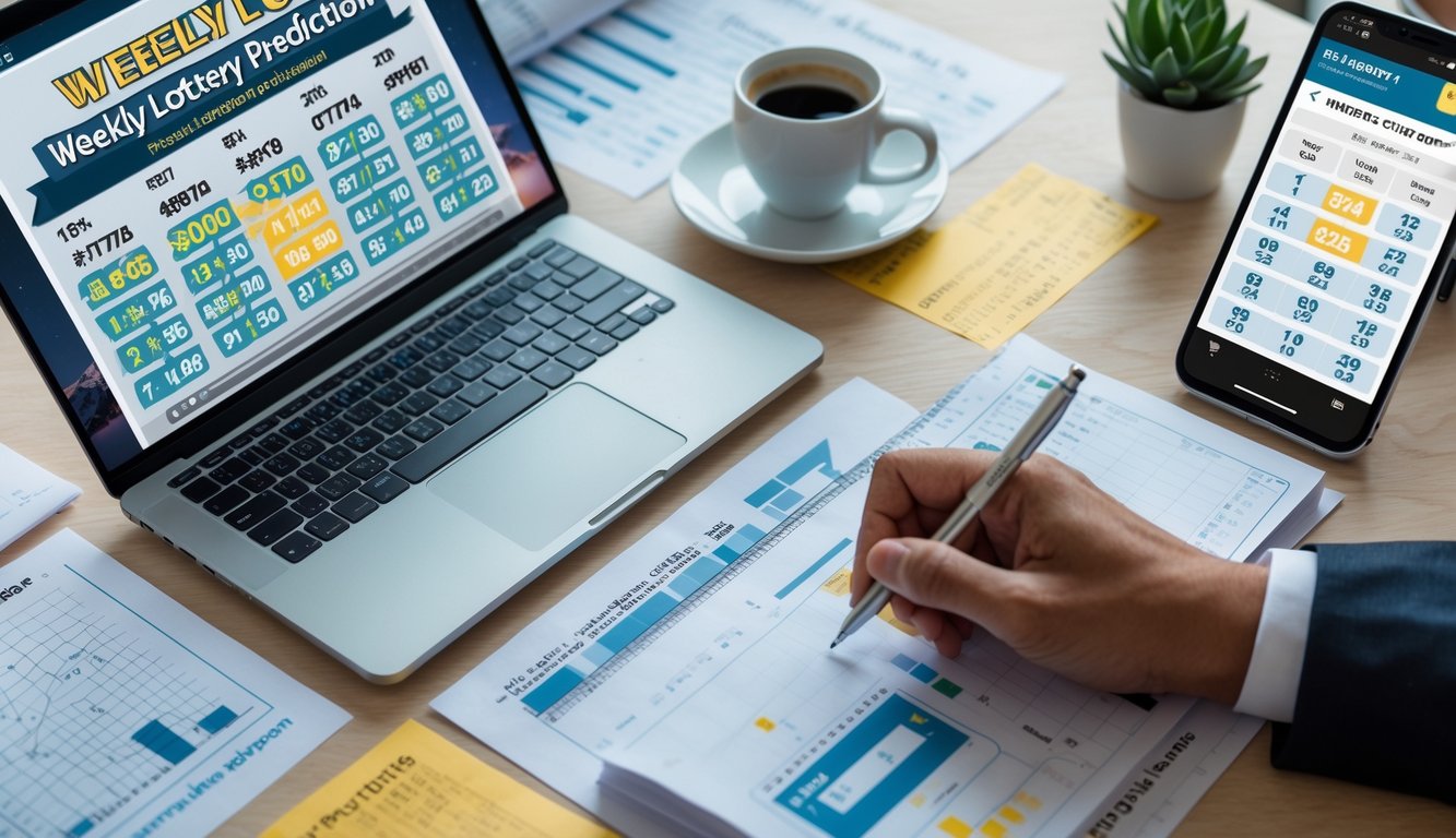 Sebuah meja kerja modern dengan laptop, catatan, dan smartphone yang menampilkan data prediksi togel mingguan, dengan suasana yang terang dan teratur.