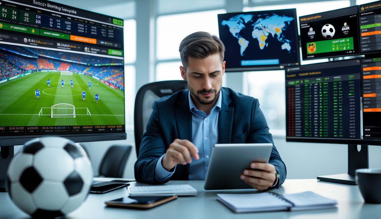 Seorang analis olahraga sedang bekerja di meja dengan beberapa monitor yang menampilkan statistik pertandingan sepak bola internasional dan data taruhan, dikelilingi oleh bola sepak dan peta dunia.
