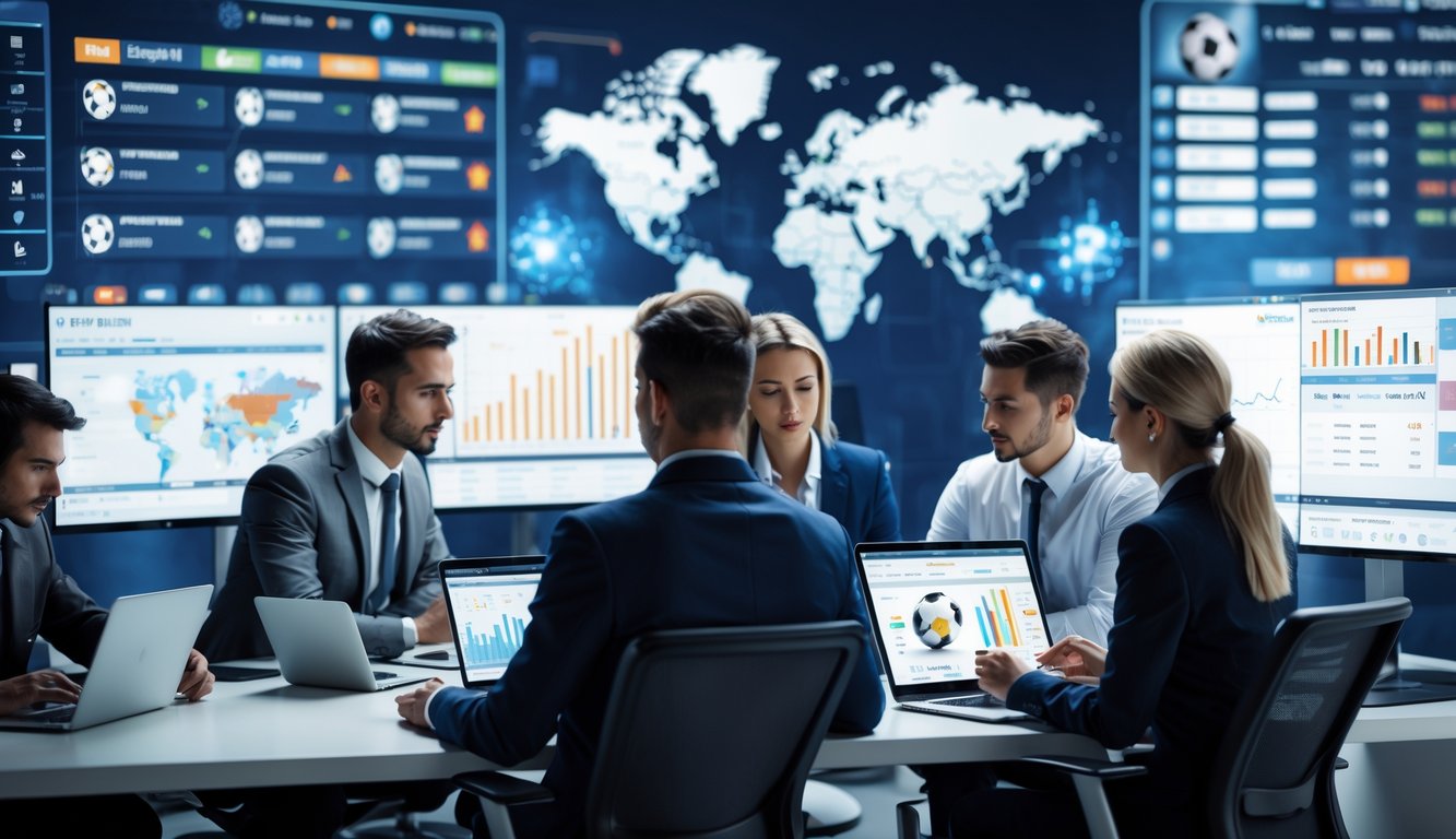 Beberapa analis olahraga sedang berdiskusi di ruang kerja modern dengan layar komputer yang menampilkan statistik dan jadwal pertandingan sepak bola internasional.