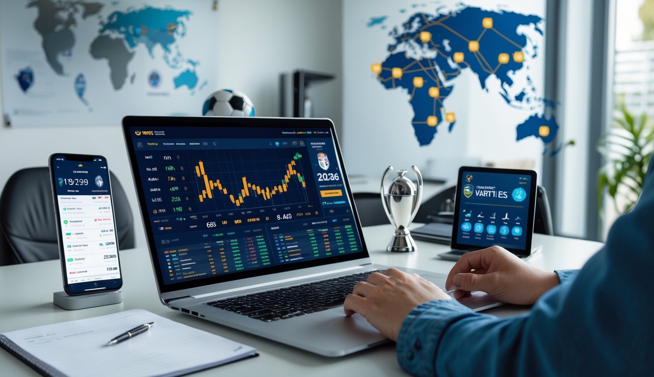 Meja kerja dengan laptop yang menampilkan statistik sepak bola, peta dunia dengan ikon sepak bola, dan tangan seseorang yang sedang mencatat strategi taruhan.