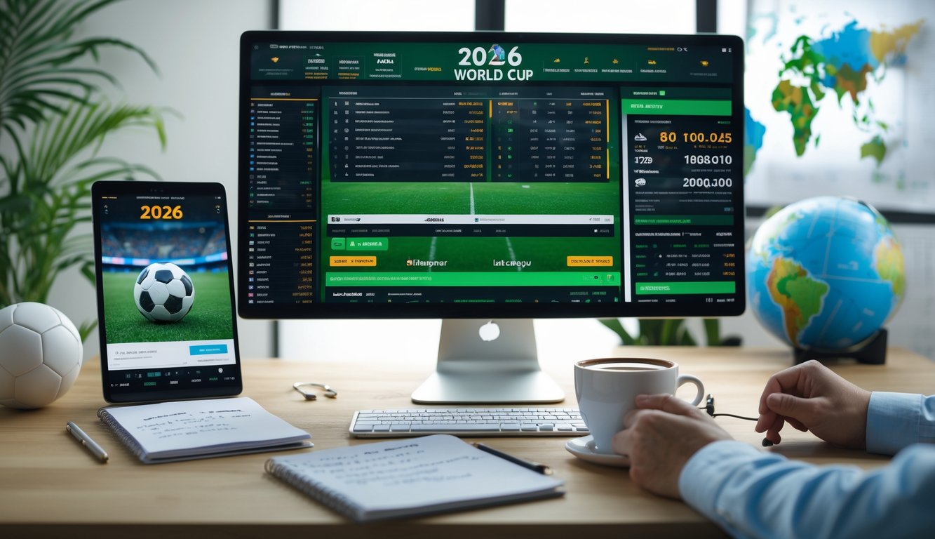 Meja kerja dengan komputer, catatan strategi, dan ponsel yang menampilkan pertandingan sepak bola, dengan bola sepak dan kalender 2026 di latar belakang.