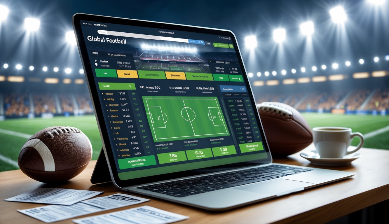 Seorang pria menggunakan tablet untuk melihat prediksi skor dan pasaran judi bola dengan latar belakang stadion sepak bola yang terang dan ramai.