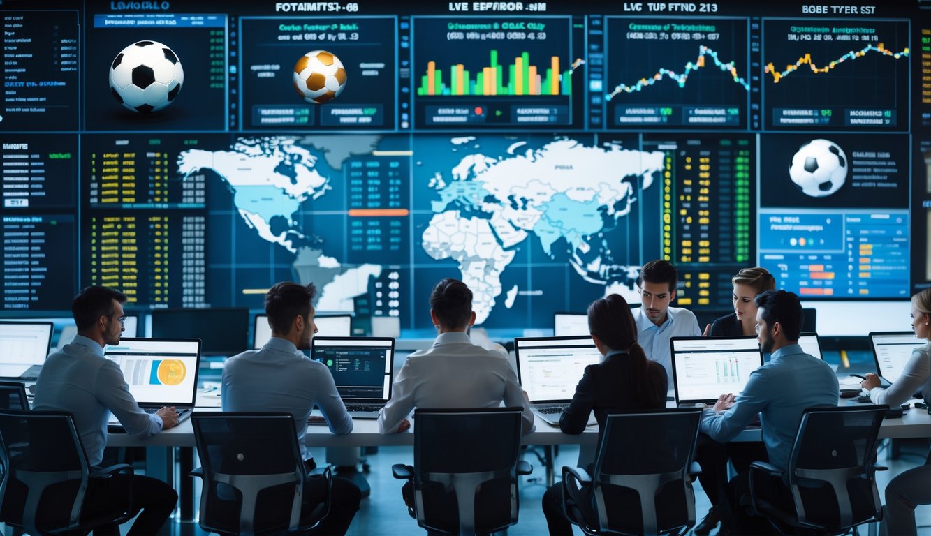 Sekelompok analis sedang bekerja dengan layar digital yang menampilkan statistik dan skor pertandingan sepak bola dunia.