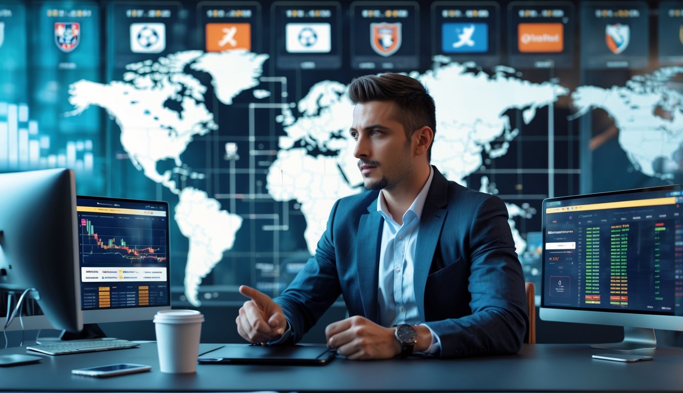 Seorang pria duduk di meja kantor modern sambil menganalisis statistik dan peluang taruhan sepak bola dunia dengan peta dan logo liga di layar digital.