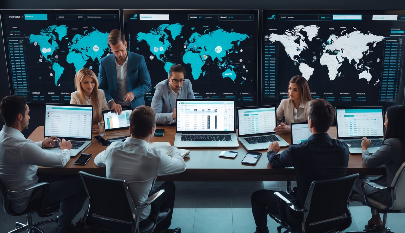 Sekelompok orang yang sedang menganalisis data pertandingan sepak bola di perangkat digital di ruang kerja modern.