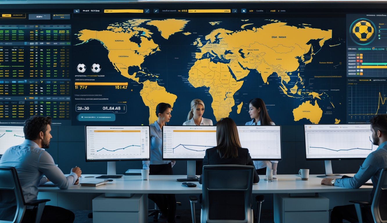 Beberapa analis olahraga sedang bekerja di meja dengan monitor besar yang menampilkan statistik dan prediksi skor pertandingan sepak bola dunia.