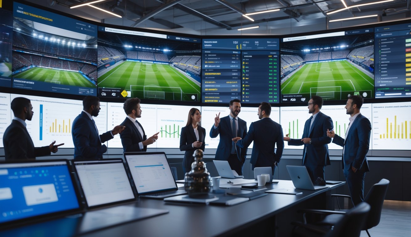 Sekelompok analis sedang berdiskusi di ruang kantor dengan layar besar menampilkan pertandingan sepak bola dan data statistik.